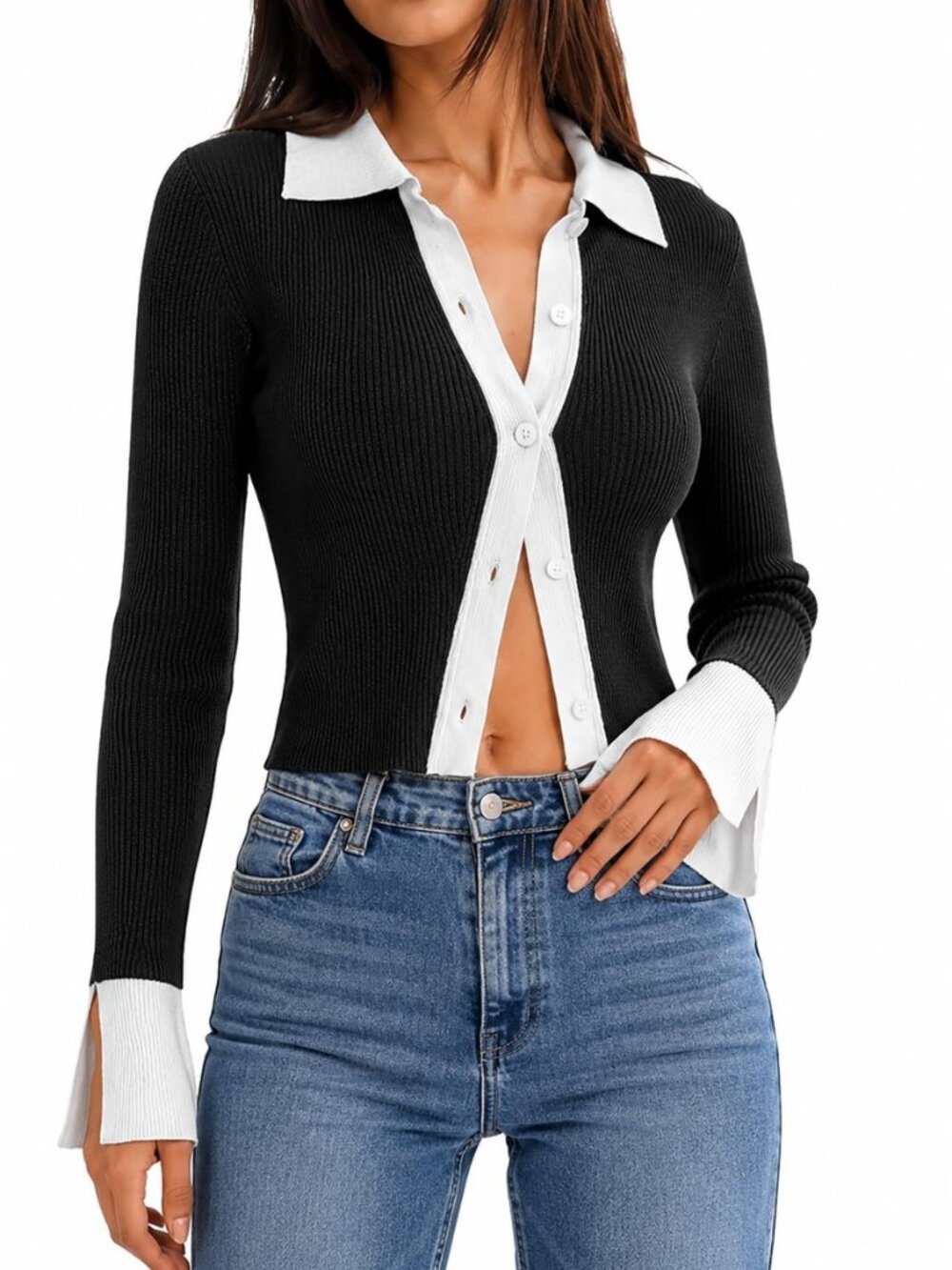 Women Ribbed Knit Button Down Long Sleeve Shirts Crop Top